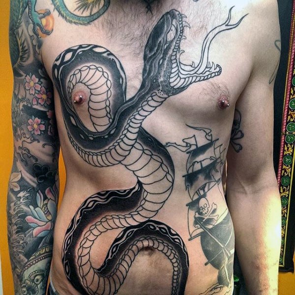 black-stomach-tattoos-men-with-pirate-ship-design-on-side