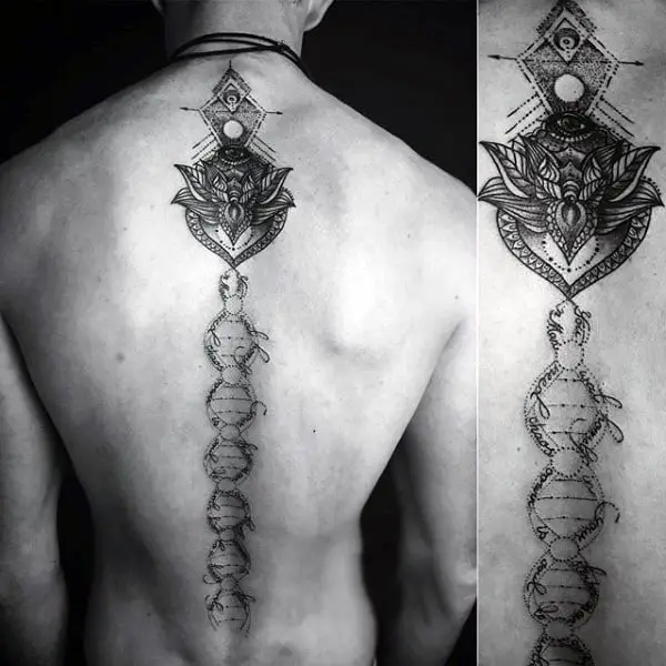dna-strand-male-spine-tattoo-in-middle-of-back