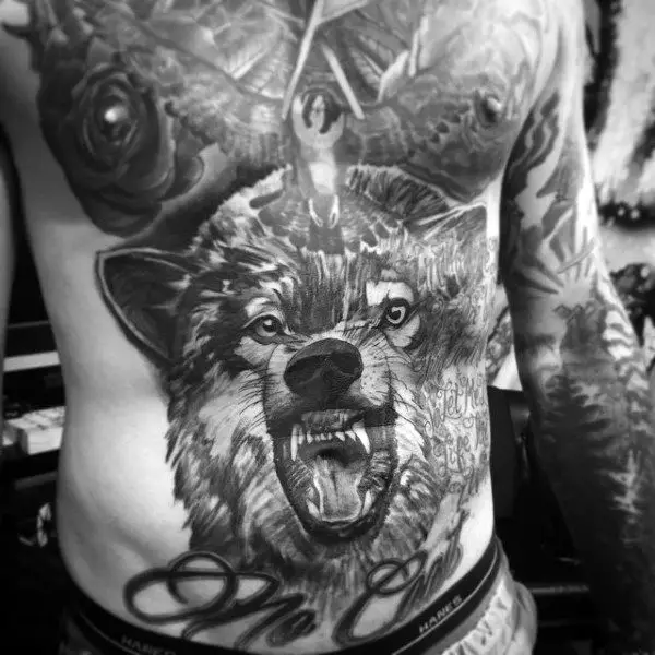 full-stomach-tattoo-for-men-with-giant-wolf-design