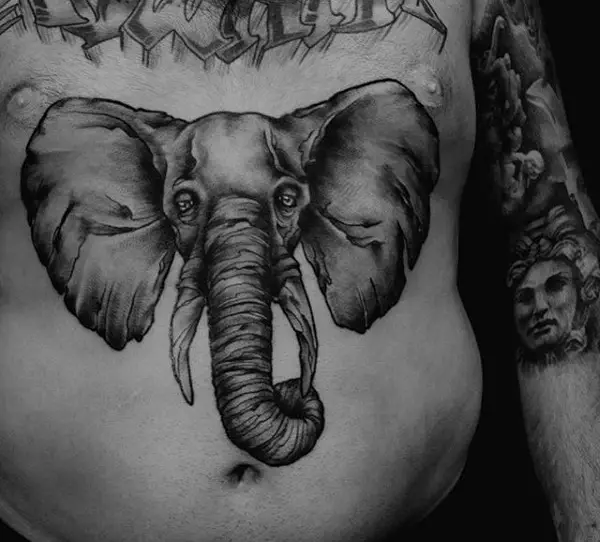 mens-stomach-tattoo-of-elephant-with-shading-work
