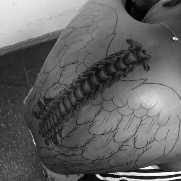realistic-shaded-grey-and-black-ink-spinal-cord-with-angle-wings-mens-back-tattoos
