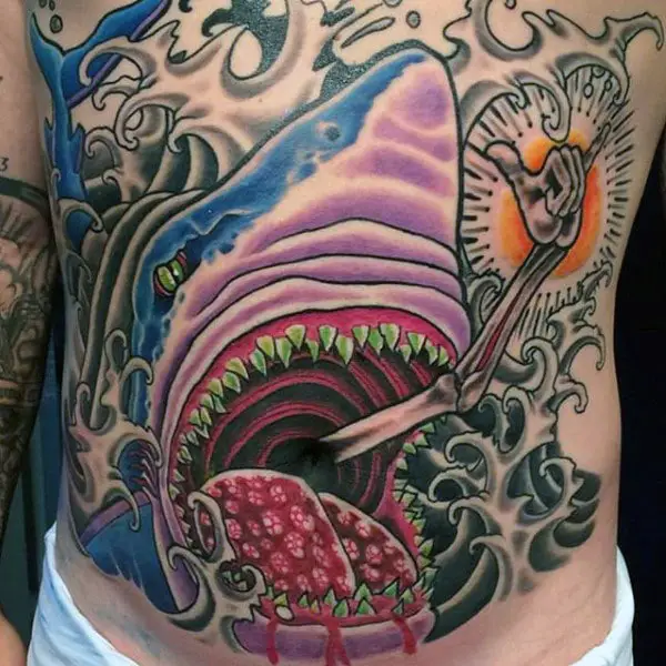shark-with-bone-hand-tattoos-for-men-stomach