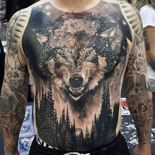 wolf-and-trees-mens-full-chest-and-stomach-tattoo