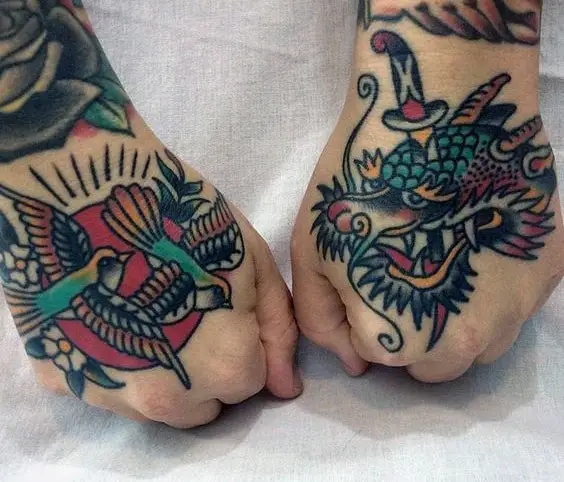 dragon-with-sparrows-traditional-hand-tattoos-for-men