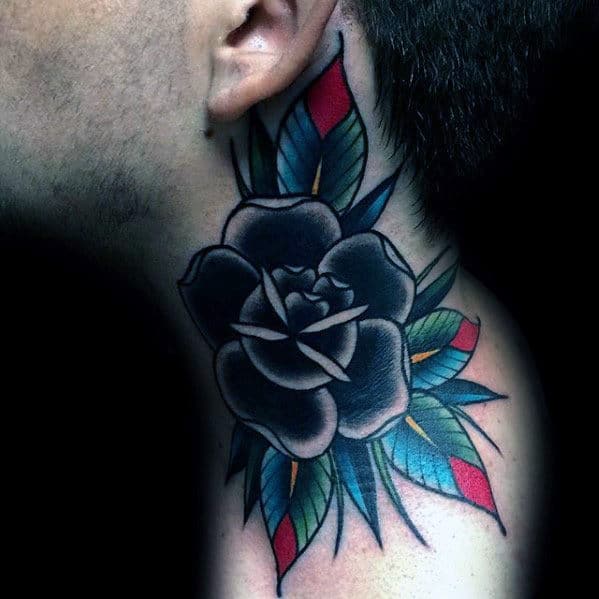 colorful-black-rose-flower-male-traditional-neck-tattoos