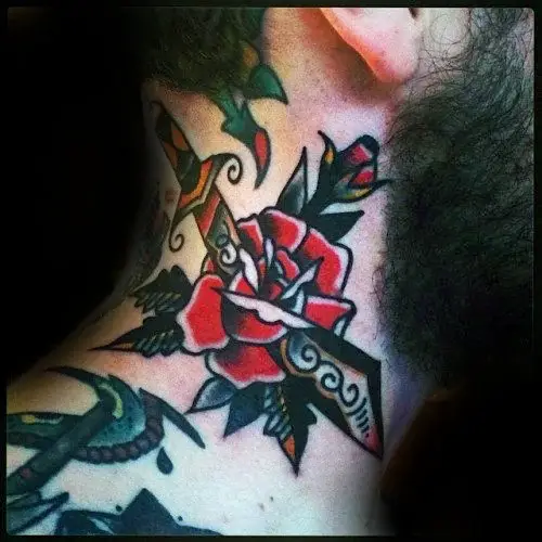 decorative-dagger-red-rose-flower-male-traditional-neck-tattoo