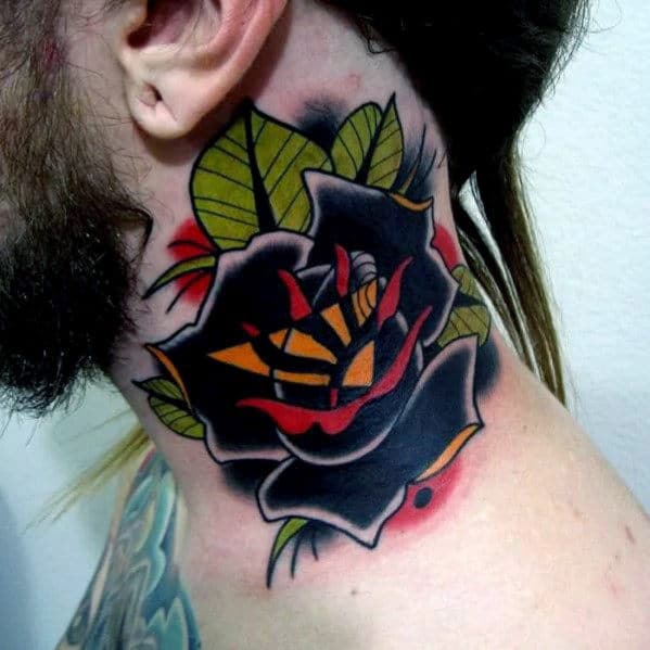 man-with-neck-tattoo-of-traditional-black-rose-flower