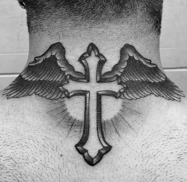 mens-angel-wings-with-cross-traditional-back-of-neck-tattoo