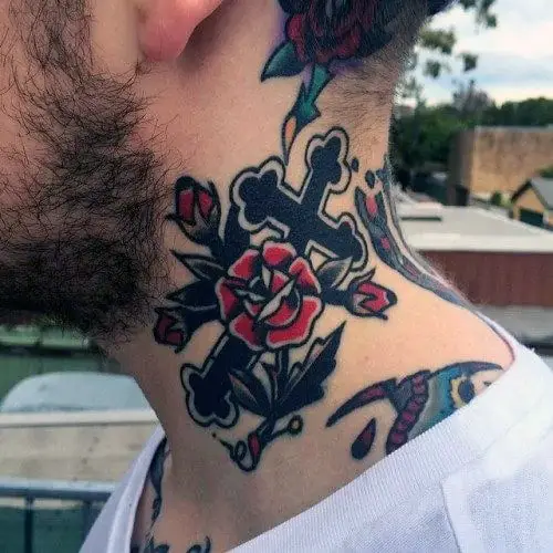 mens-cross-with-red-rose-flowers-traditional-neck-tattoo-ideas