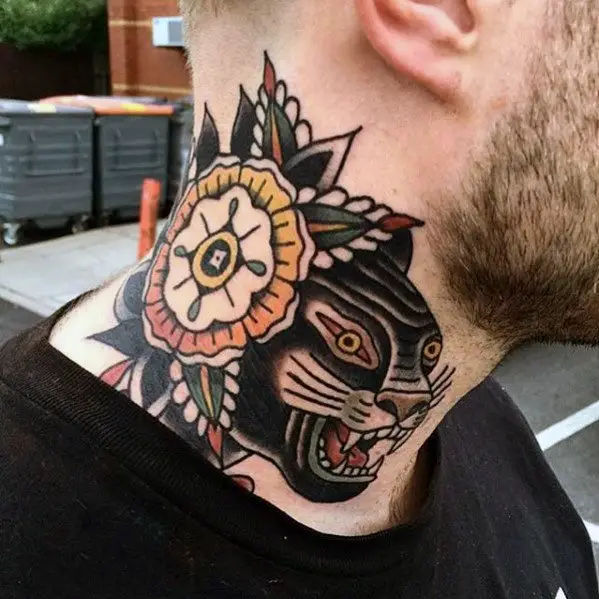 mens-flower-with-black-panther-traditional-tattoo-on-neck