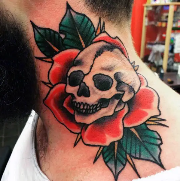 mens-skull-red-rose-flower-traditional-tattoo-design-on-neck