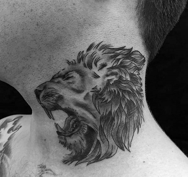 roaring-lion-traditional-neck-shaded-black-and-grey-tattoos-for-men