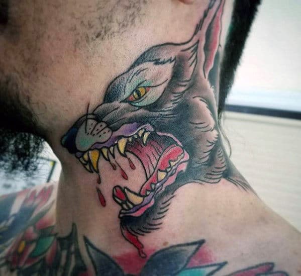 traditional-mens-old-school-angry-wolf-neck-tattoo