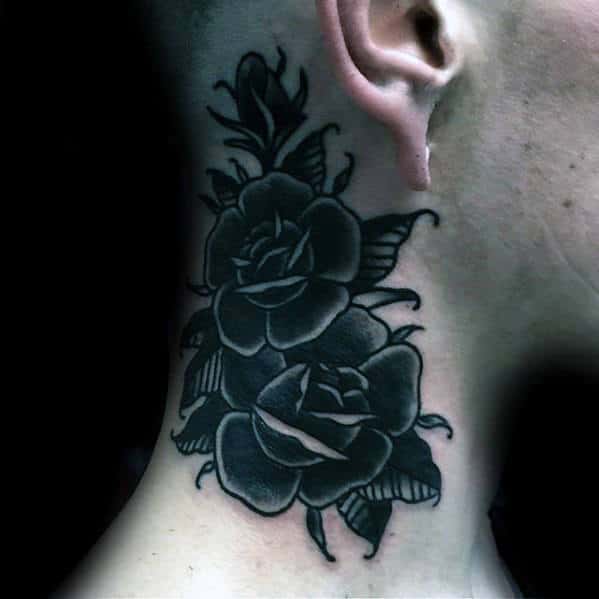 two-black-rose-flowers-mens-traditional-neck-tattoos