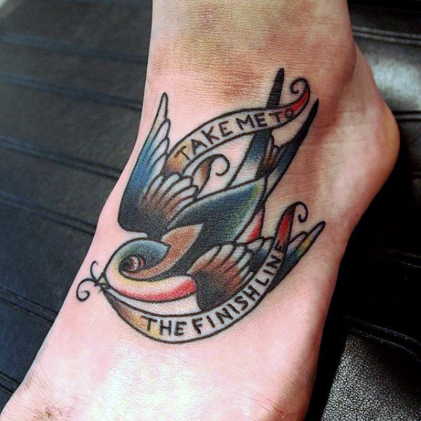 bird-with-saying-tattoo-on-foot-for-guys