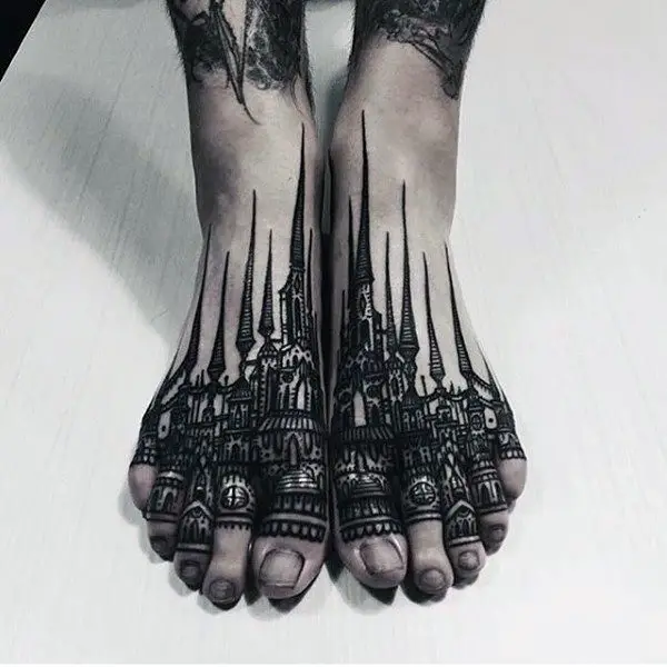buildings-with-pointed-towers-tattoo-on-foot-for-males
