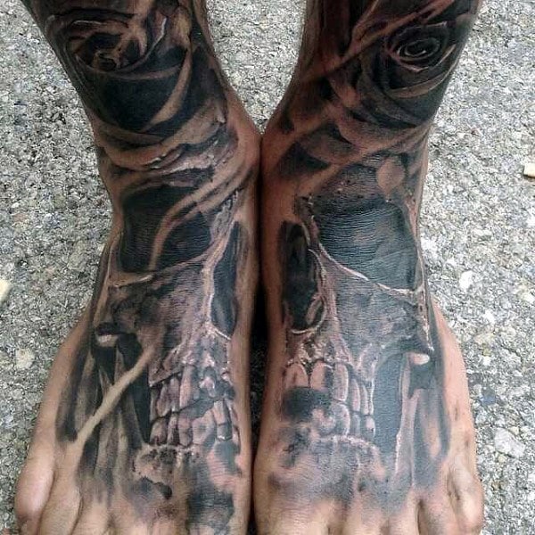 freakish-skull-and-rose-tattoo-on-foot-for-men