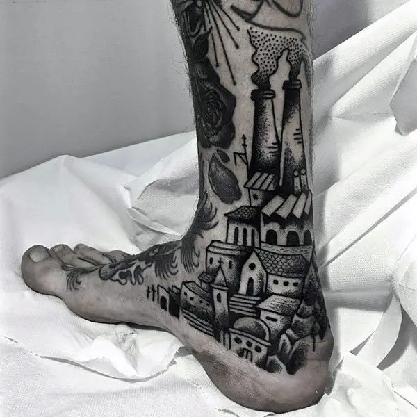 houses-with-large-chimneys-tattoo-on-foot-for-males
