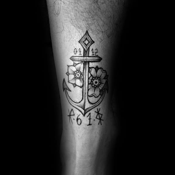 anchor-with-flowers-mens-back-of-leg-small-unique-tattoo-ideas