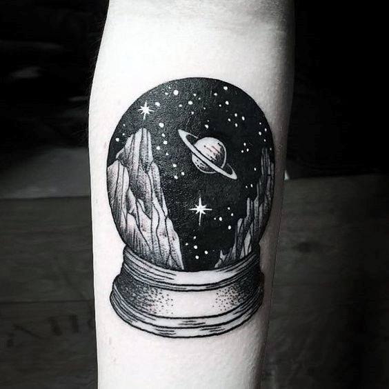 awesome-small-unique-mens-snow-globe-outer-space-forearm-tattoo