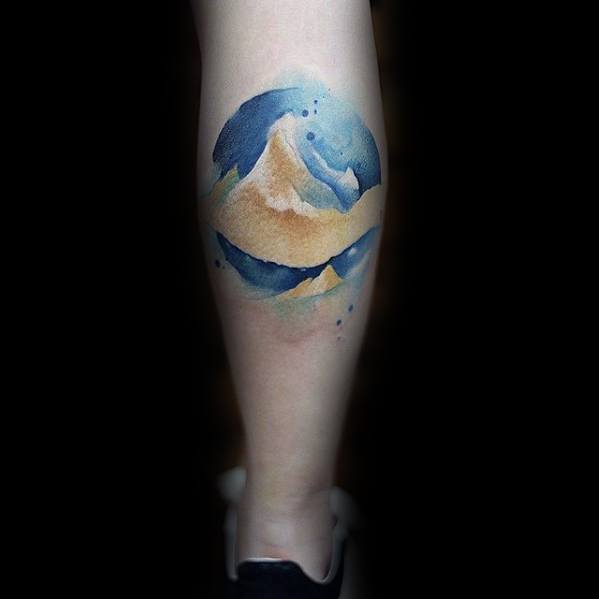 blue-and-yellow-watercolor-small-unique-leg-mens-tattoos