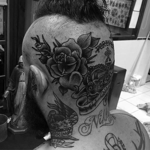 gentleman-with-old-school-rose-flower-head-tattoo-design