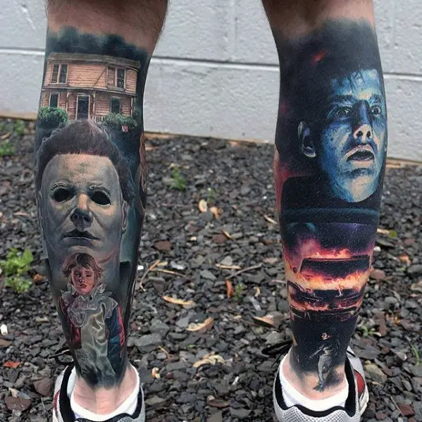 hyper-realistic-back-of-leg-mens-horror-themed-tattoos