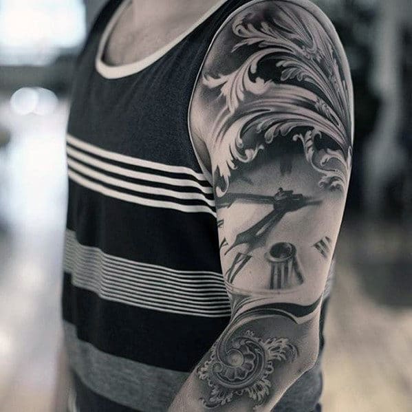 hyper-realistic-ornate-roman-numeral-clock-mens-sleeve-tattoo