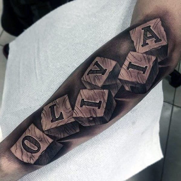 mens-hyper-realistic-wood-block-name-3d-arm-tattoo