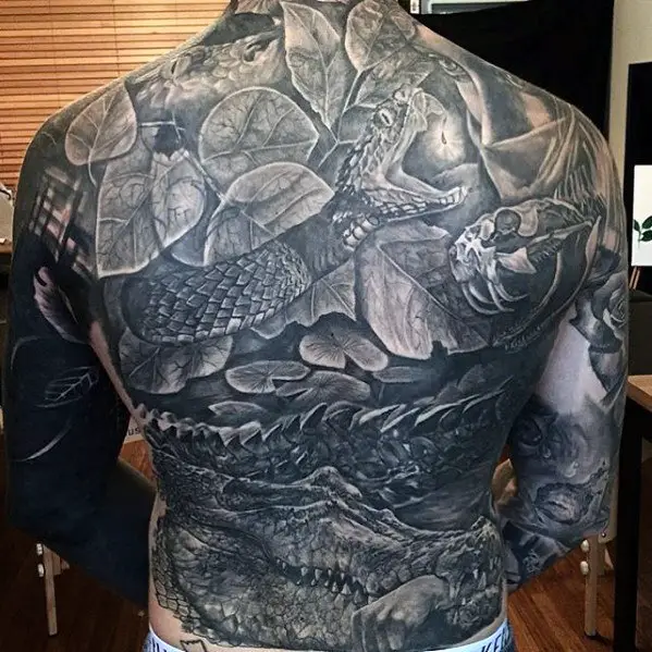 mens-snake-with-alligator-badass-shaded-back-tattoos