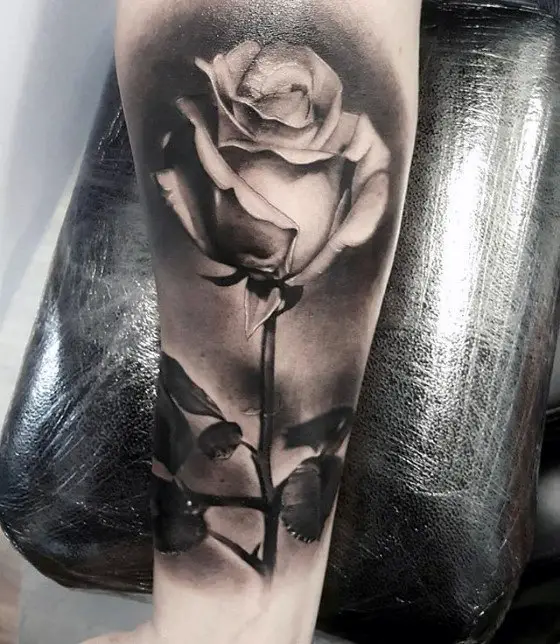 shadedwhiteroseflowerhyperrealisticinnerforearmtattoosformen