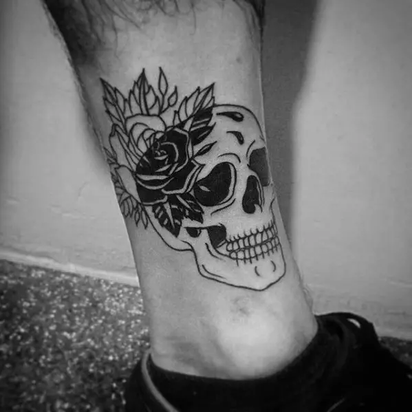 skull-rose-flower-small-unique-mens-lower-leg-tattoo