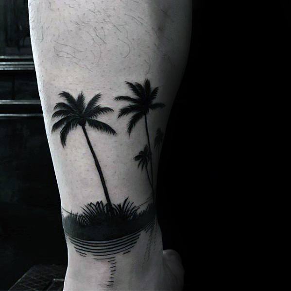 small-leg-band-palm-trees-beach-unique-mens-tattoo-design-ideas