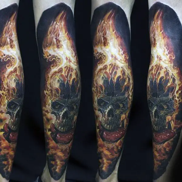 burning-skull-on-fire-mens-leg-sleeve-tattoos