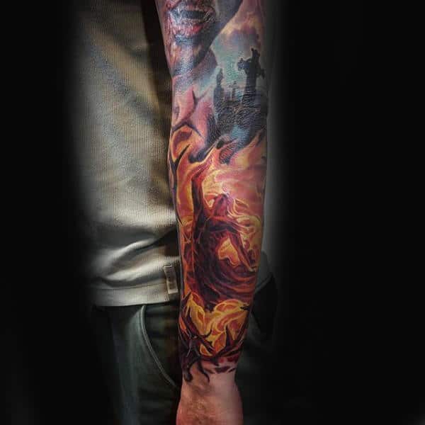 flaming-mens-sleeve-tattoo-ideas