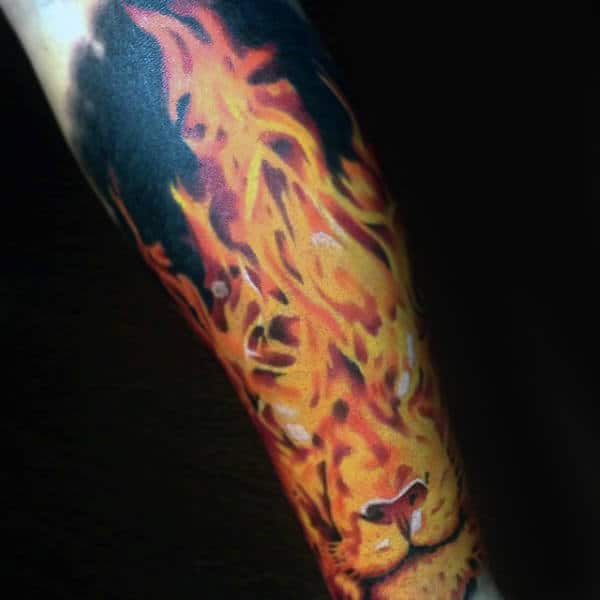 guys-lion-fire-leg-sleeve-tattoos