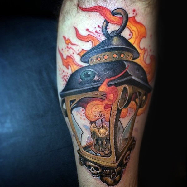 lantern-on-fire-mens-new-school-leg-calf-tattoo