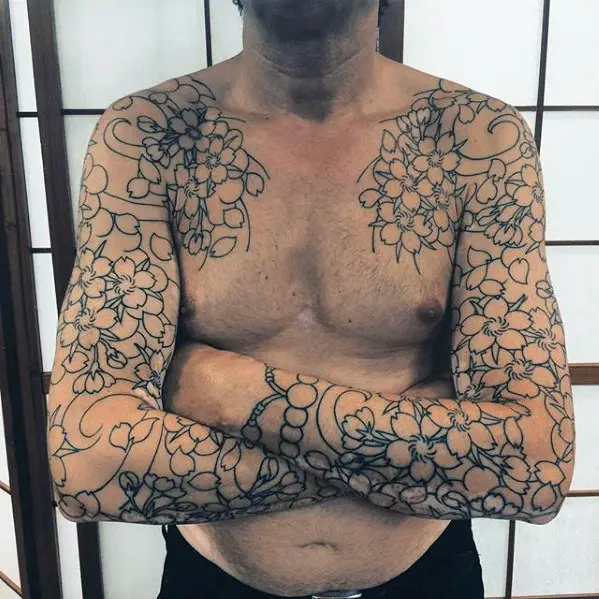 black-ink-outline-guys-japanese-flower-sleeve-tattoos