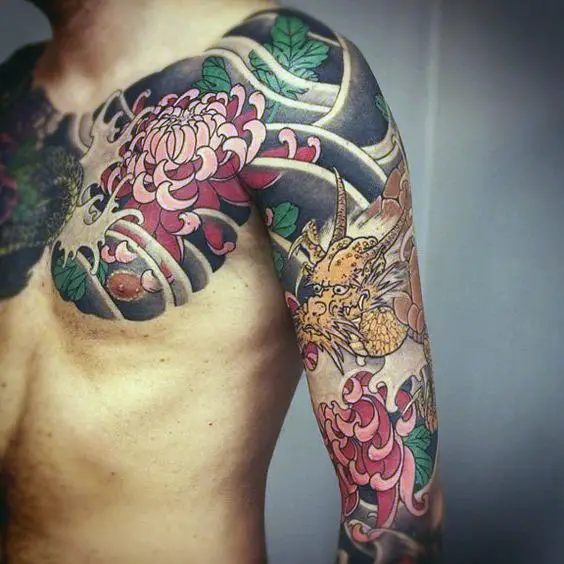 cool-mens-japanese-chrysanthemum-chest-and-half-sleeve-tattoo