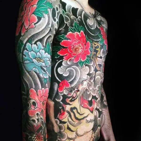 full-chest-japanese-tiger-and-flower-full-chest-and-arm-tattoo