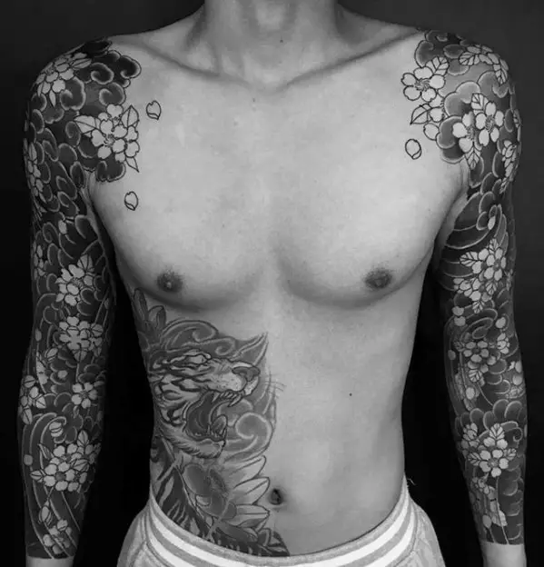 gentleman-with-shaded-black-and-grey-sleeve-japanese-flower-tattoo