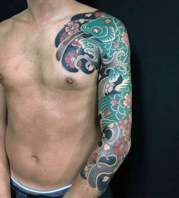 guys-green-koi-fish-with-flowers-japanese-sleeve-tattoo