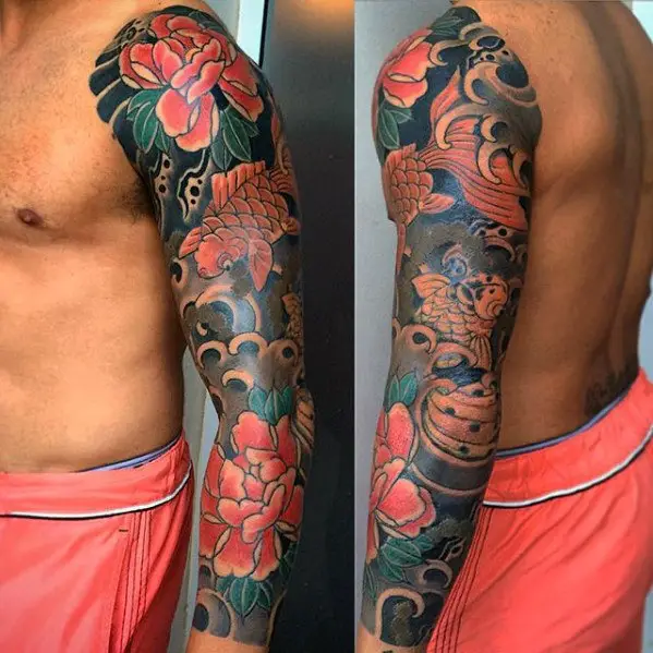 manly-guys-full-sleeve-japanese-flower-and-koi-fish-tattoos