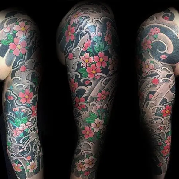 mens-floral-themed-japanese-sleeve-flower-tattoo
