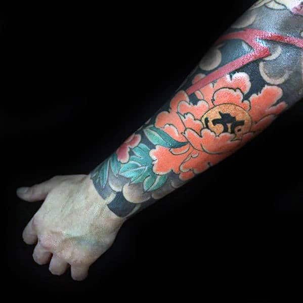 orange-japanese-flower-mens-sleeve-forearm-tattoos