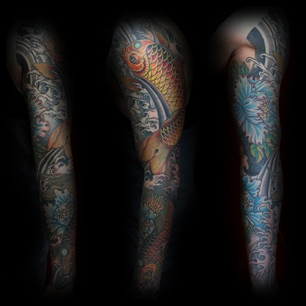 swimming-koi-fish-with-flowers-guys-japanese-full-arm-sleeve-tattoo