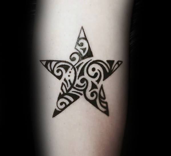 Tribal Black Ink Pattern Male Simple Star Tattoo On Arm Lazy Penguins