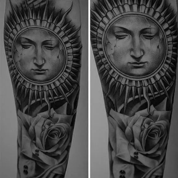 amazing-rose-and-face-of-sun-tattoo-for-males-sleeve
