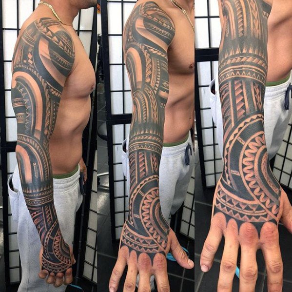 badass-full-arm-sleeve-tribal-tattoos-men