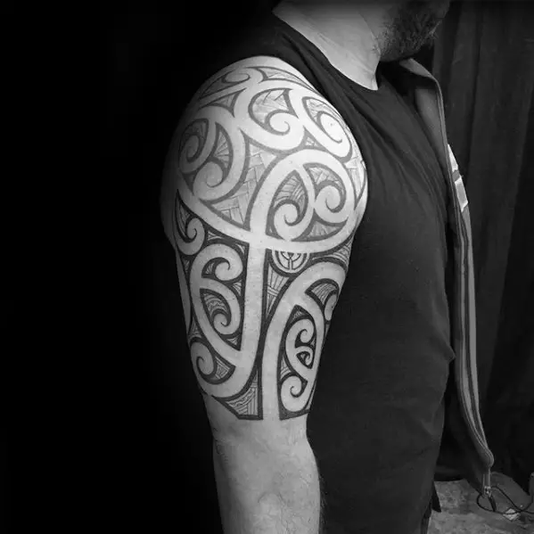 badass-tribal-half-sleeve-negative-space-tattoo-ideas-for-gentlemen
